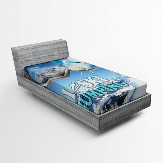 Ambesonne Winter Sports Fitted Sheet, Love Ski Jump Snow, Twin XL Size, Pale Blue Sky Blue