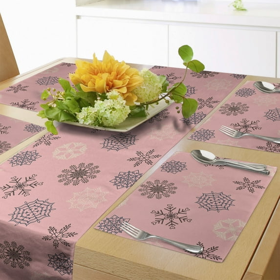 Ambesonne Winter Table Runner & Placemats, Different Snowflakes, Placemat 4 pcs + Runner 14"x72", Pale Pink and Dark Cocoa