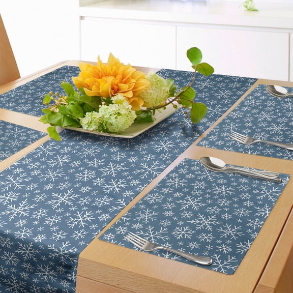 Ambesonne Winter Table Runner & Placemats, New Year Snowflake Season, Placemat 4 pcs + Runner 16"x72", Slate Blue White