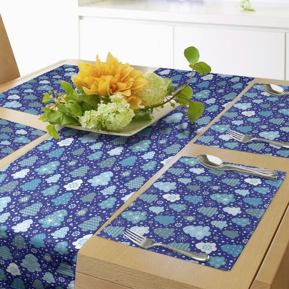 Ambesonne Winter Table Runner & Placemats, Snowflakes Xmas Trees, Placemat 4 pcs + Runner 14"x90", Violet Blue Pale Blue