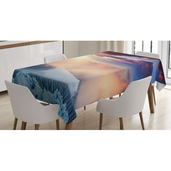 Ambesonne Winter Tablecloth Rectangular Table Cover, Carpathia Ukraine Europe, 52"x70", Peach White Blue