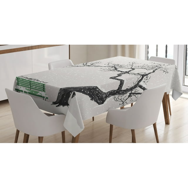 Ambesonne Winter Tablecloth Rectangular Table Cover, Retro Bench and Tree, 60"x90", Charcoal Grey Sea Green