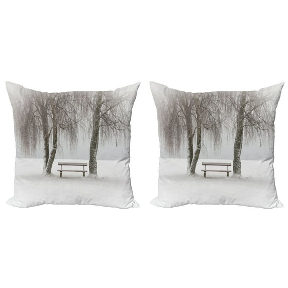 Ambesonne Winter Throw Pillow Cover 2 Pack, Bench Trees Snowflakes, 16", White Brown