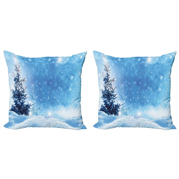 Ambesonne Winter Throw Pillow Cover 2 Pack, Frozen Pine Snowflakes, 20", Blue White