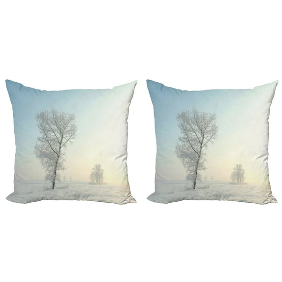 Ambesonne Winter Throw Pillow Cover 2 Pack, Frozen Tree Morning Sun, 18", Pale Blue Cream White