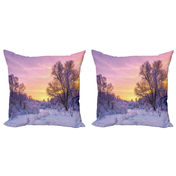 Ambesonne Winter Throw Pillow Cover 2 Pack, Landscape with Sunset, 20", Pink White