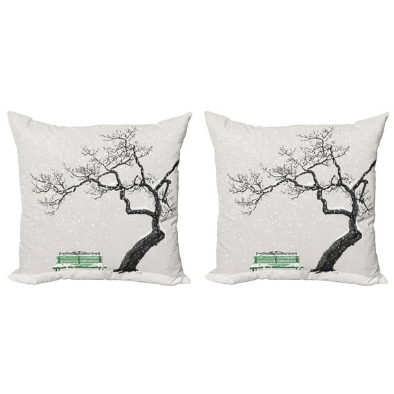 Ambesonne Winter Throw Pillow Cover 2 Pack, Retro Bench and Tree, 18", Charcoal Grey Sea Green