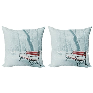 Ambesonne Winter Throw Pillow Cover 2 Pack, Snowy Bench Misty Path, 24", White