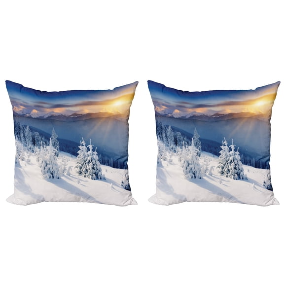 Ambesonne Winter Throw Pillow Cover 2 Pack, Tops Dramatic Sky Alpine, 16", White Blue Apricot