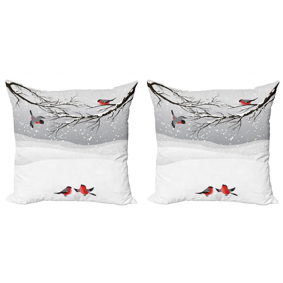 Ambesonne Winter Throw Pillow Cover 2 Pack, Wintertime Cartoon Birds, 18", Vermilion Grey Black
