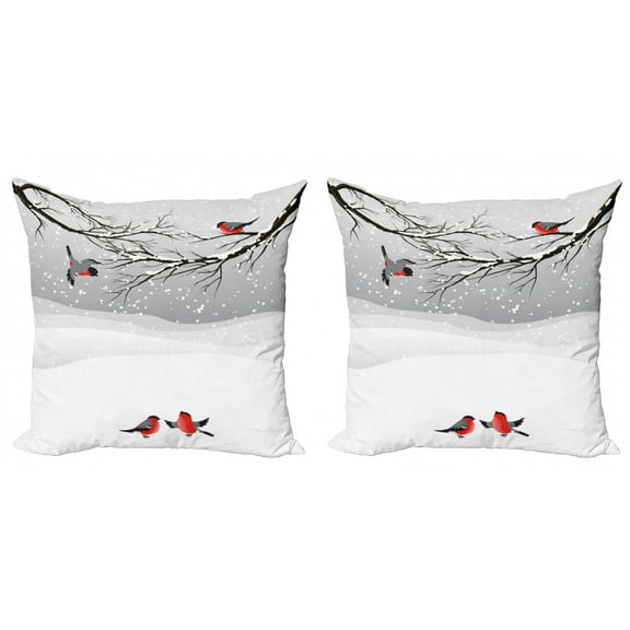 Ambesonne Winter Throw Pillow Cover 2 Pack, Wintertime Cartoon Birds, 20", Vermilion Grey Black