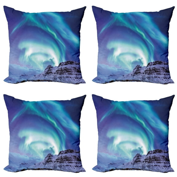 Ambesonne Winter Throw Pillow Cover 4 Pack, Aurora Borealis Iceland, 16", Blue Sea Green Lilac