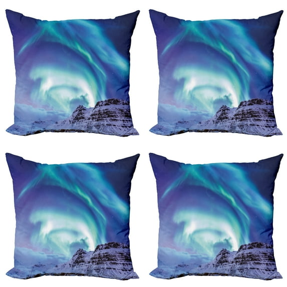 Ambesonne Winter Throw Pillow Cover 4 Pack, Aurora Borealis Iceland, 24", Blue Sea Green Lilac
