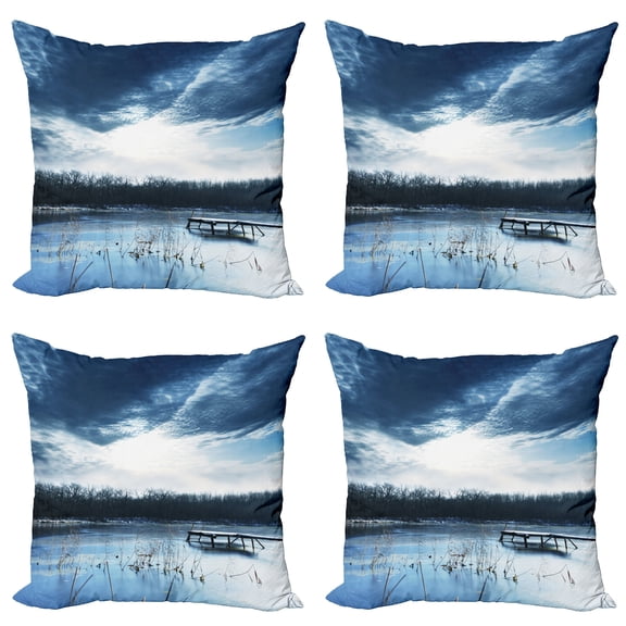 Ambesonne Winter Throw Pillow Cover 4 Pack, Blue Mountain Lake Scene, 16", Purple Grey Slate Blue