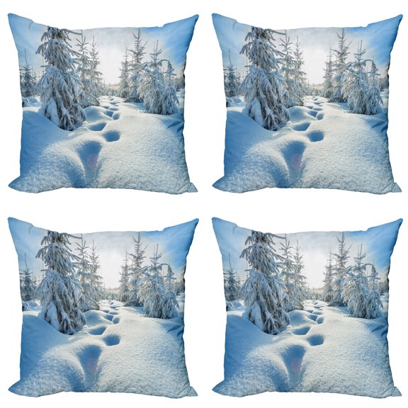 Ambesonne Winter Throw Pillow Cover 4 Pack, Blue Sky Tree Footprints, 16", Blue White