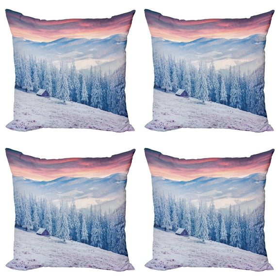 Ambesonne Winter Throw Pillow Cover 4 Pack, Calm Scenic Countryside, 20", Pink Blue White
