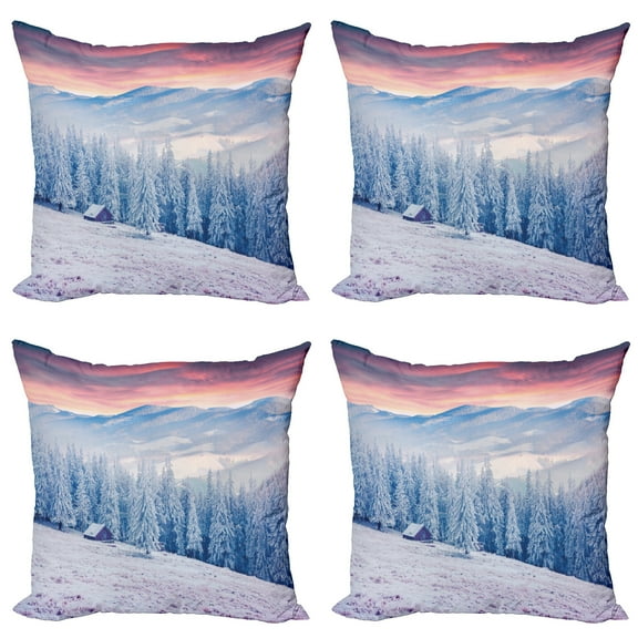 Ambesonne Winter Throw Pillow Cover 4 Pack, Calm Scenic Countryside, 24", Pink Blue White