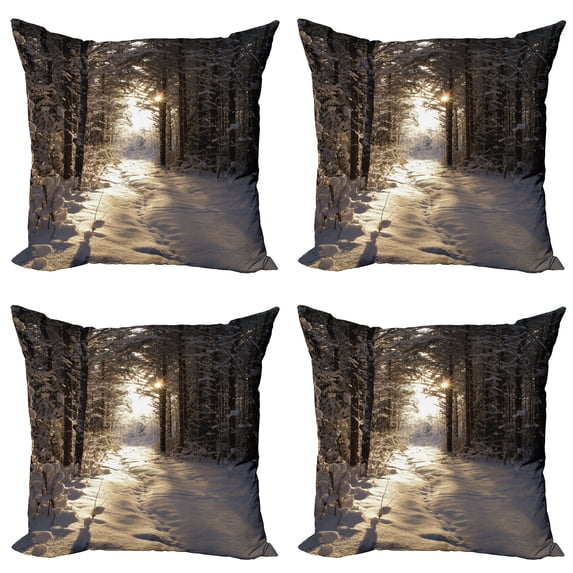 Ambesonne Winter Throw Pillow Cover 4 Pack, Christmas Snow Forest, 20", Brown Pale Yellow