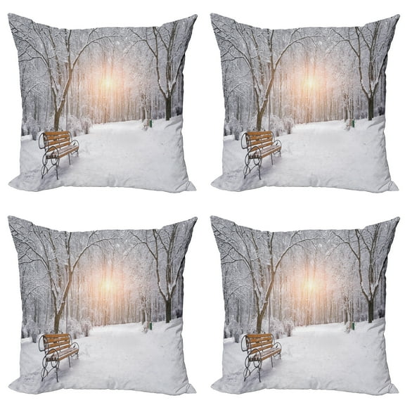 Ambesonne Winter Throw Pillow Cover 4 Pack, City Park Sunset Forest, 18", Umber White Orange