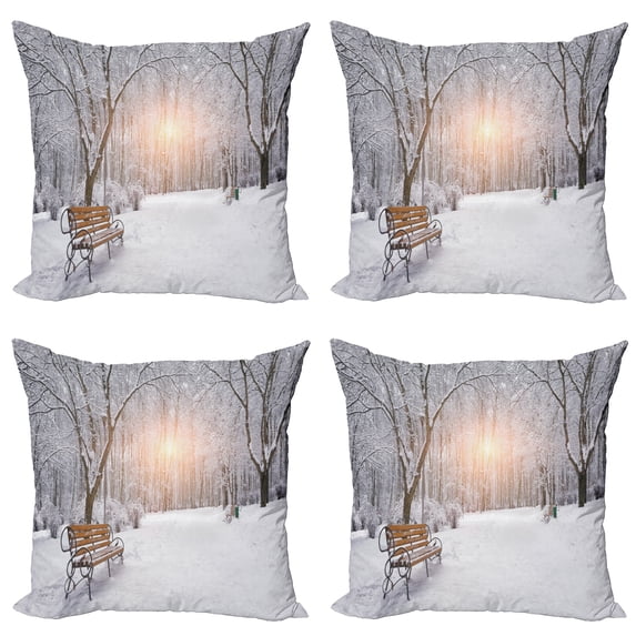 Ambesonne Winter Throw Pillow Cover 4 Pack, City Park Sunset Forest, 24", Umber White Orange