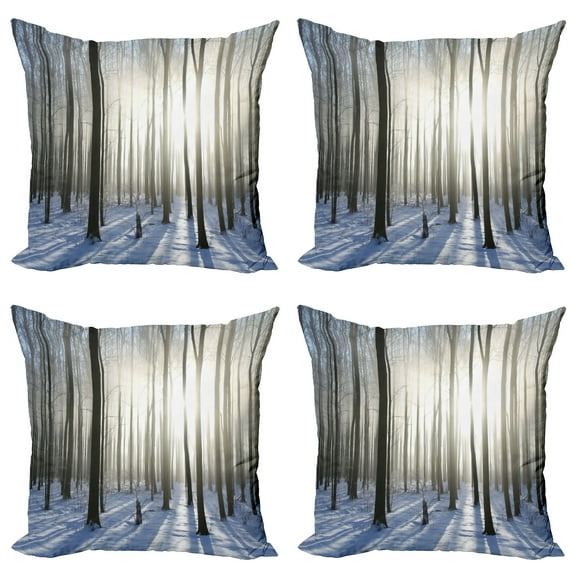 Ambesonne Winter Throw Pillow Cover 4 Pack, Forest December Morning, 24", Pale Yellow Bluegrey