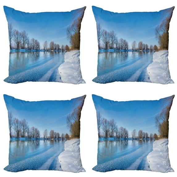 Ambesonne Winter Throw Pillow Cover 4 Pack, Freezing Weather Sky, 24", Blue White Brown
