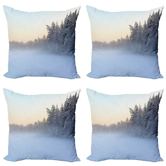 Ambesonne Winter Throw Pillow Cover 4 Pack, Frozen Lake in Woods, 16", White Green