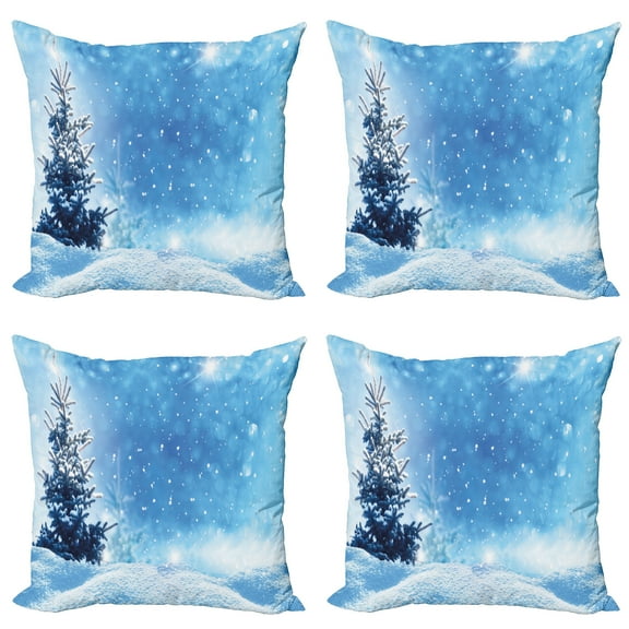 Ambesonne Winter Throw Pillow Cover 4 Pack, Frozen Pine Snowflakes, 24", Blue White