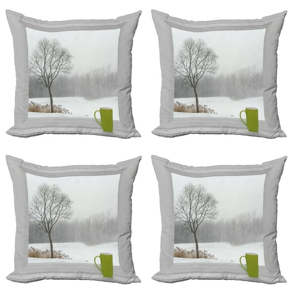 Ambesonne Winter Throw Pillow Cover 4 Pack, Green Teacup and Window, 18", Apple Green Beige White
