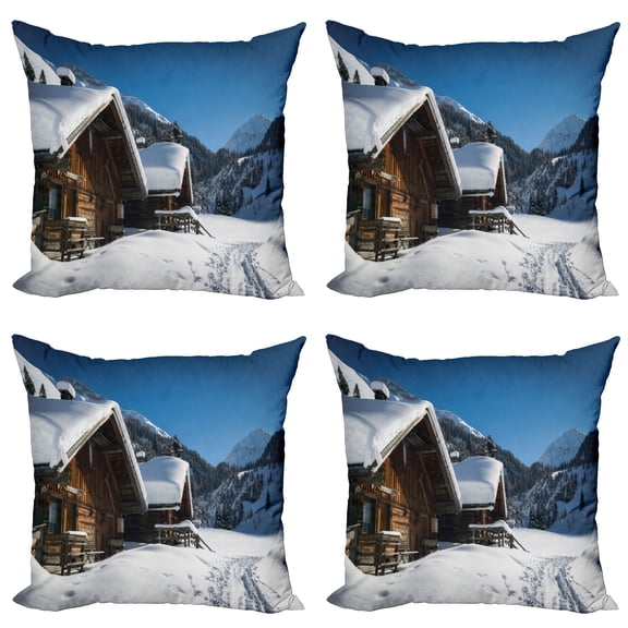 Ambesonne Winter Throw Pillow Cover 4 Pack, Houses Austria Mountains, 20", Brown Blue White