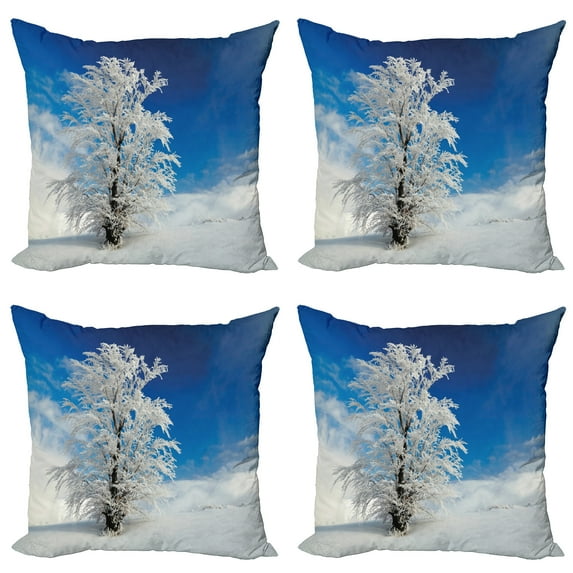 Ambesonne Winter Throw Pillow Cover 4 Pack, Lonely Tree Rural Land, 18", Blue White
