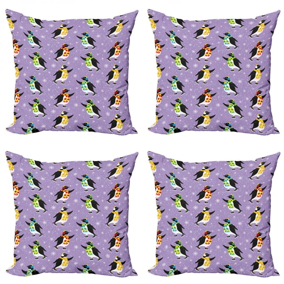 Ambesonne Winter Throw Pillow Cover 4 Pack, Penguins Skating Snowflakes, 20", Lavender and Multicolor