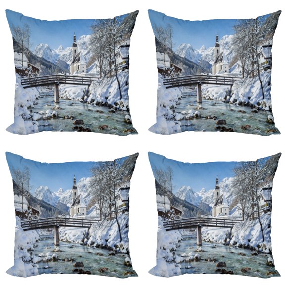 Ambesonne Winter Throw Pillow Cover 4 Pack, Scenic View Panorama, 16", Blue Brown White