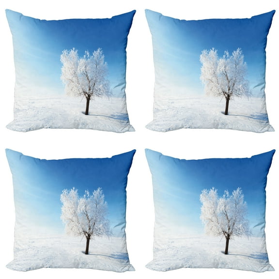 Ambesonne Winter Throw Pillow Cover 4 Pack, Snow Covered Alone Tree, 20", Blue White