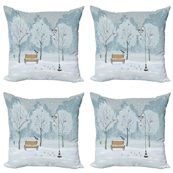 Ambesonne Winter Throw Pillow Cover 4 Pack, Snow in Park Xmas Trees, 24", White and Blue
