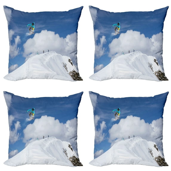 Ambesonne Winter Throw Pillow Cover 4 Pack, Snowboarder Mountaintop, 20", Blue White