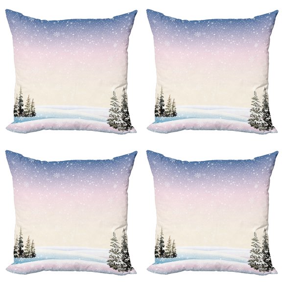Ambesonne Winter Throw Pillow Cover 4 Pack, Snowfall and Pine Trees, 20", Multicolor