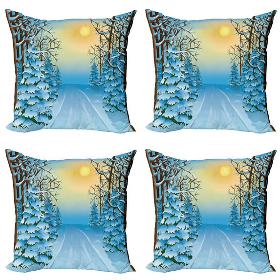 Ambesonne Winter Throw Pillow Cover 4 Pack, Snowy Forest Path Landscape, 18", Blue Yellow