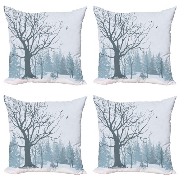 Ambesonne Winter Throw Pillow Cover 4 Pack, Snowy Forest Trees Birds, 18", Petrol Blue