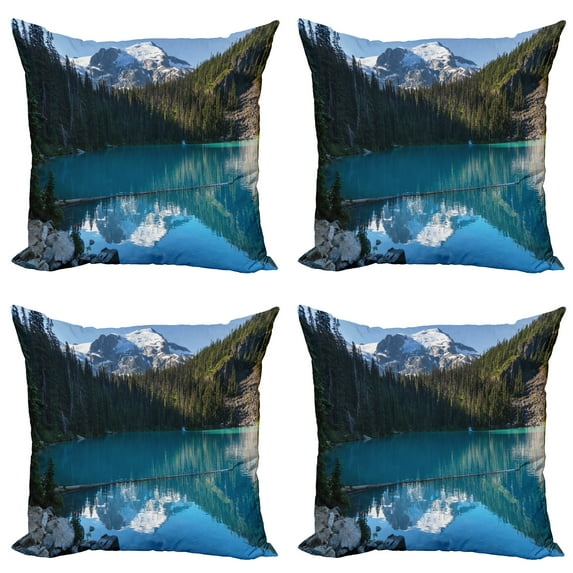 Ambesonne Winter Throw Pillow Cover 4 Pack, Snowy Frozen Mountain, 16", Blue White Green