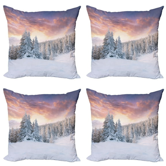 Ambesonne Winter Throw Pillow Cover 4 Pack, Sunrise Rural Fields, 16", Coral White Blue