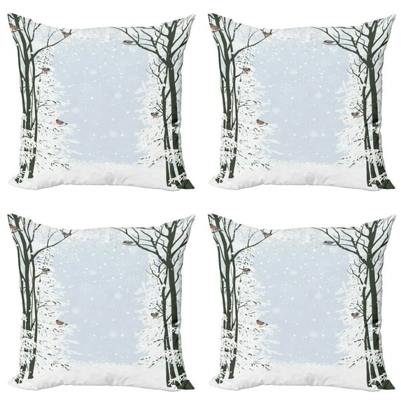 Ambesonne Winter Throw Pillow Cover 4 Pack, Trees Bullfinch Birds, 16", Black Pale Grey White