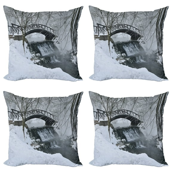 Ambesonne Winter Throw Pillow Cover 4 Pack, Wooden Bridge Cold River, 24", White Brown