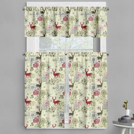 Ambesonne Winter Valance & Curtain, Deer Flowers Christmas, 55"x30", Olive Green Pale Green
