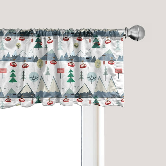 Ambesonne Winter Window Valance, Snow Capped Mountains Trees and Elevators Ski Resort Setting, Curtain Valance for Kitchen Bedroom Decor with Rod Pocket, 54" X 18", Blue Grey Dark Pink