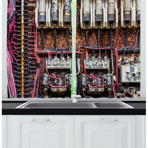 Ambesonne Wire Kitchen Curtains, Rusted Electrical Panel, 55"x39", Multicolor