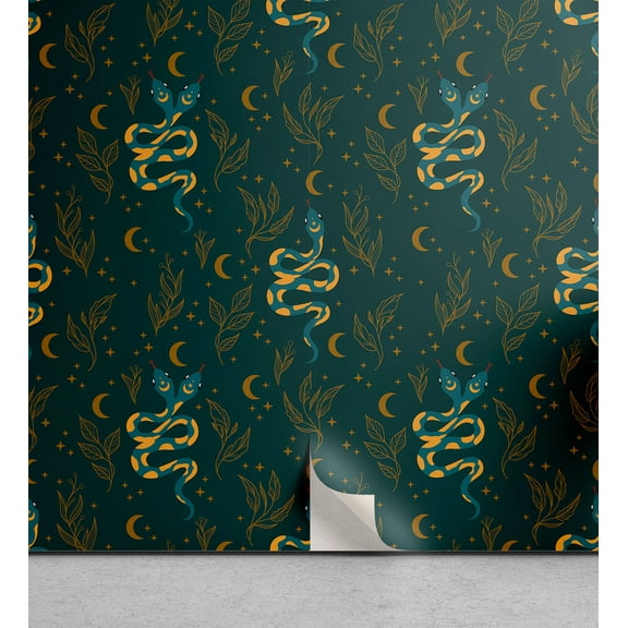 Ambesonne Witchcore Peel & Stick Wallpaper for Home, Astrology Snakes Artwork, 13"x100", Teal Earth Yellow Amber