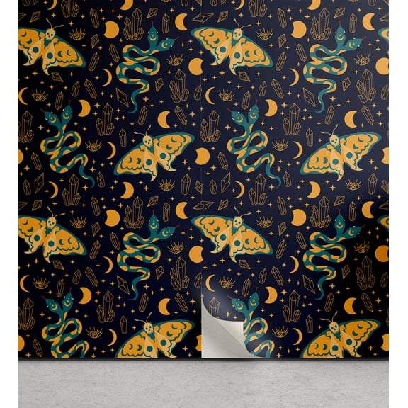 Ambesonne Witchcore Peel & Stick Wallpaper for Home, Death Moth Snake Pattern, 13"x36", Plum Pale Orange Teal