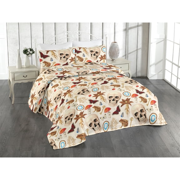Ambesonne Witchy Quilted Bedspread Set 3 Pcs, Occult Frog Butterfly Print, Queen, Cream Vermilion Camel