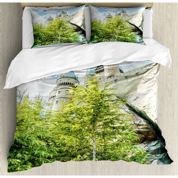 Ambesonne Wizard Duvet Cover Set, Witchcraft Castle Japan, Queen, Green Blue Beige